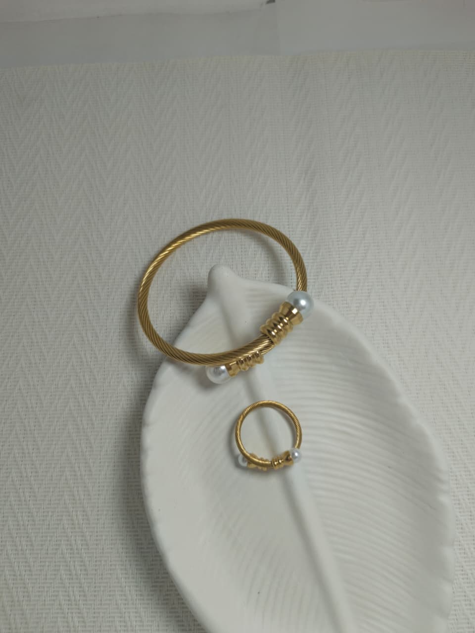 Twisted Gold Pearl Bangle + Ring